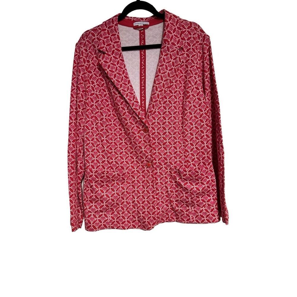 Isaac Mizrahi Live Jacket Womens 2X Red Geometric Print Button Up‎ Blazer Cotton